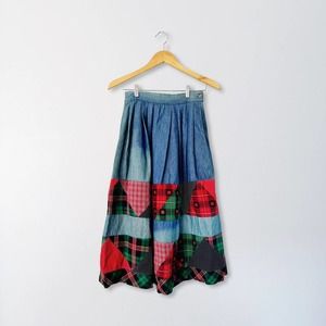 70s Denim Patchwork Boho Christmas Skirt | Small